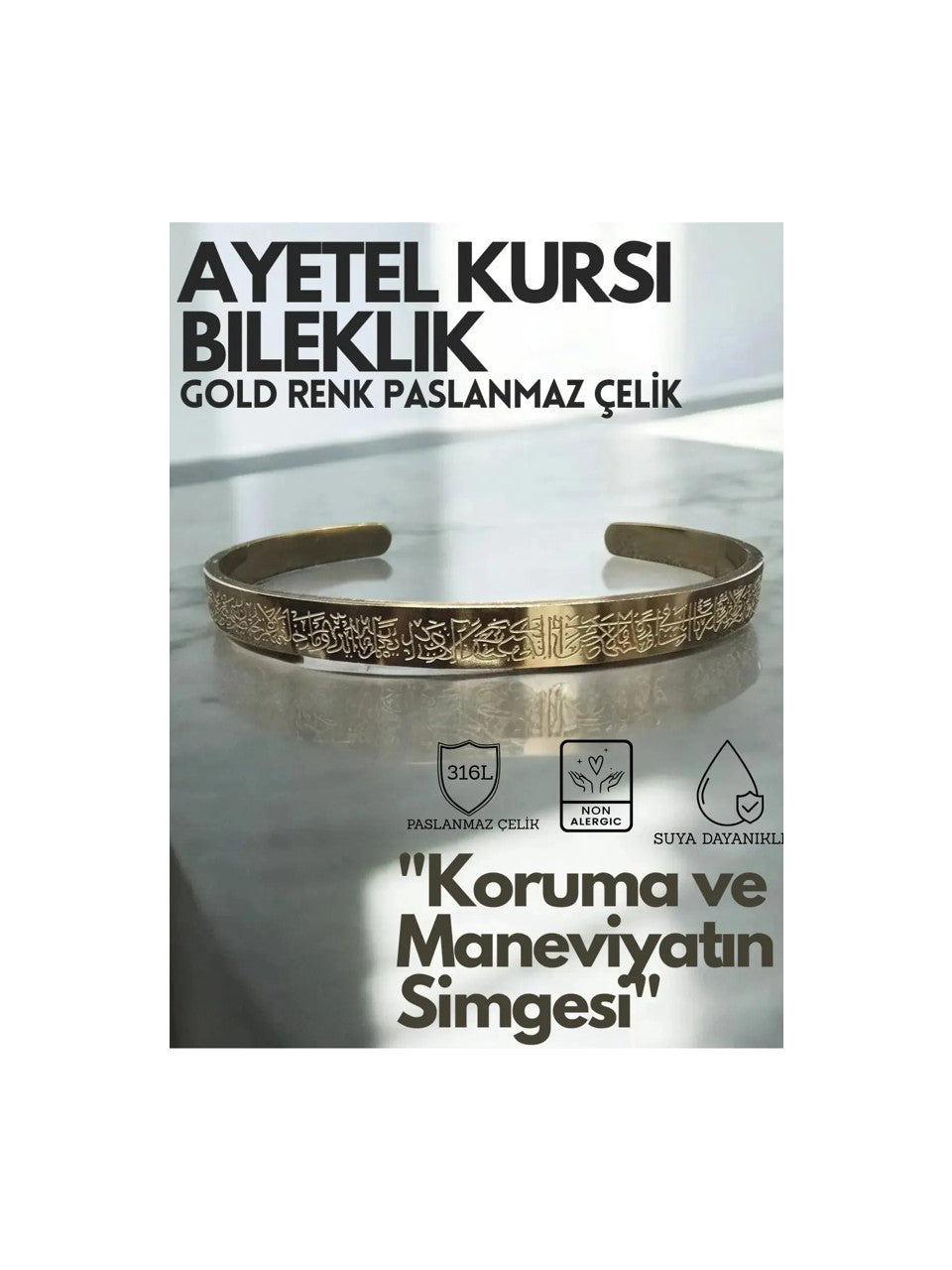 Ayetel Kürsi Yazılı Bileklik Paslanmaz Çelik Ayarlanabilir Erkek/Kadın Bileklik